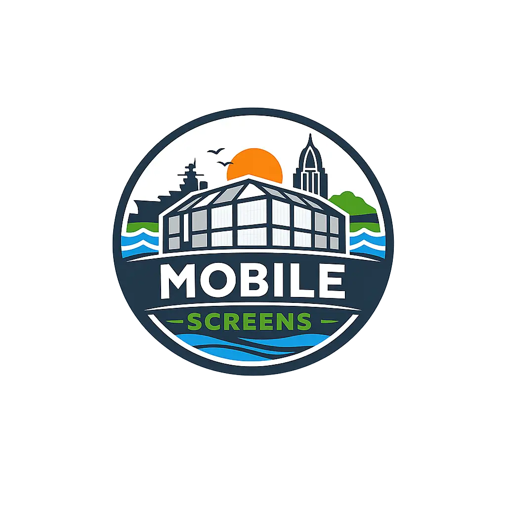 Mobile Screens logo featuring custom screen enclosure, skyline, water, and sun design in Mobile, AL